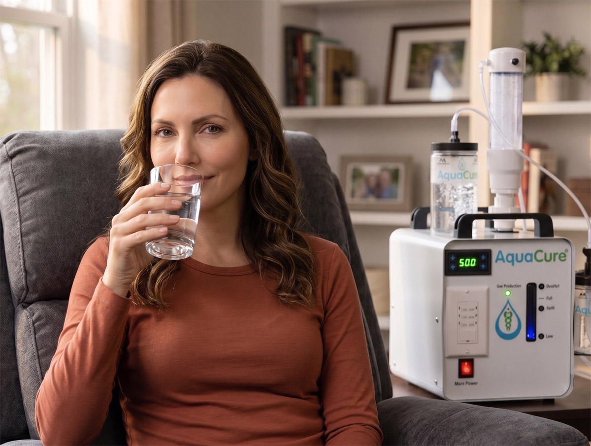 Mujer tomando agua hidrogenada preparada con AquaCure